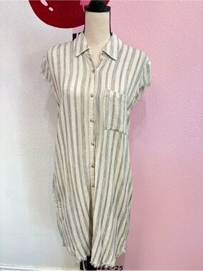 Mystree Striped Blue and Cream Collared Button Down Dress with Pockets Size S